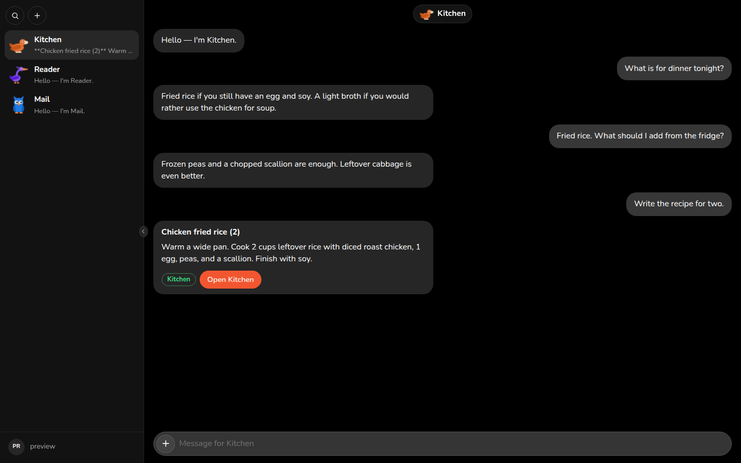 Dostigus Host: a Chat with the Kitchen Bot, with Kitchen, Reader, and Mail in the sidebar