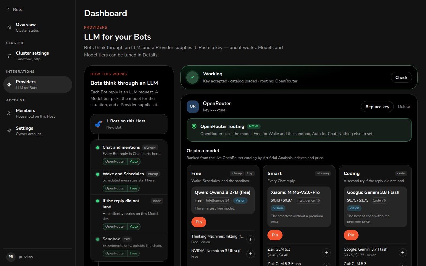 Host Dashboard, Providers page: an OpenRouter key and Model tiers